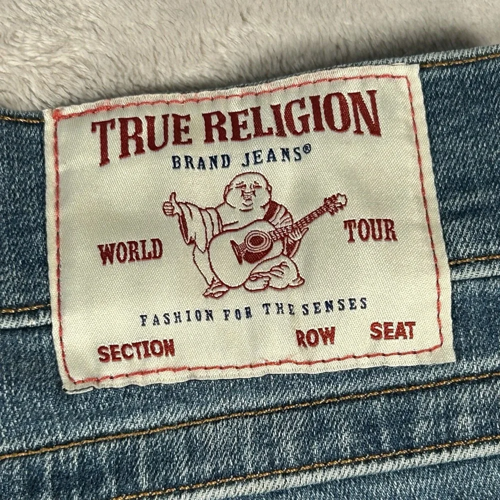 True Religion Ricky Jean Shorts Mens 42 Blue Frayed Hem Flap Pocket Jorts Y2K